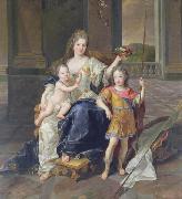 Painting of the Duchess of La Ferte-Senneterre with the future Louis XV on her lap (then styled the Duke of Anjou) and the Duke of Brittany standing n